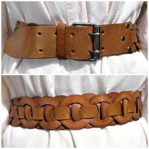 Vintage  Wide Braided Belt, Leather Waist Belt with double plugs buckle,Boho belt, Vintage 80s Wide Cinch Belt