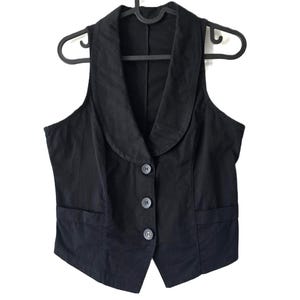 Vintage Y2K Deep V Vest - Collared Crop Fitted Denim Vest - Black Gray Striped Classic Jeans Waistcoat - Women's Retro Top