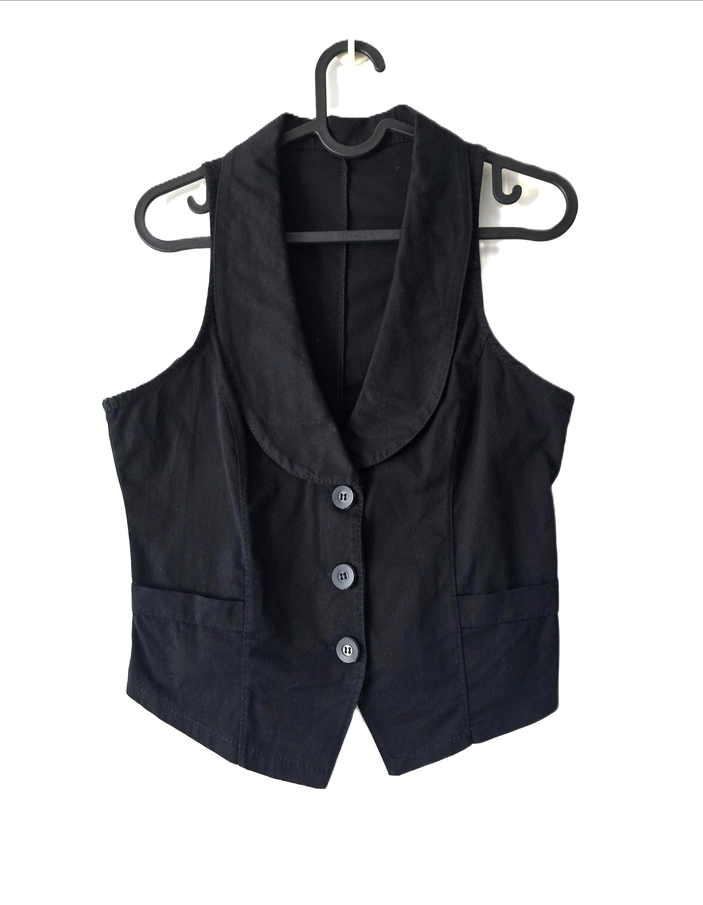 Vintage Y2K Deep V Vest - Collared Crop Fitted Denim Vest - Black