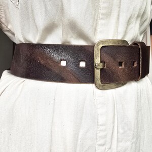 Vintage Chunky Brown Genuine Leather Belt - Unisex Jeans Belt - Square Matte Silver Buckle - Rugged Casual Accessory image 2