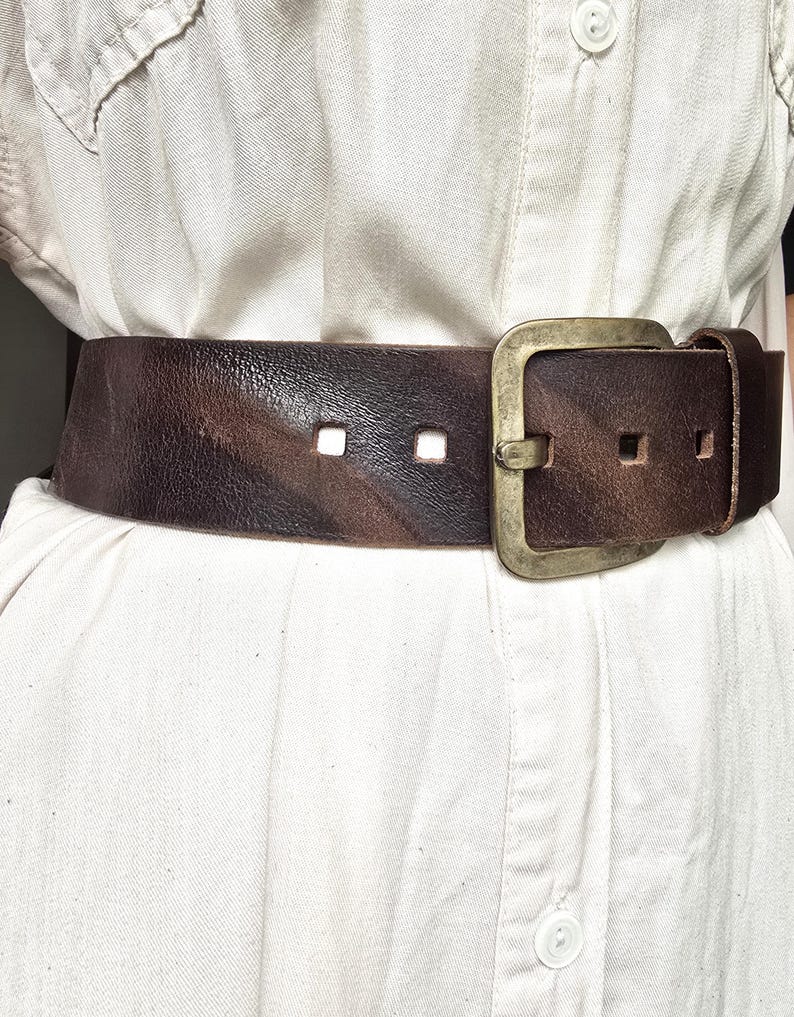 Vintage Chunky Brown Genuine Leather Belt - Unisex Jeans Belt - Square Matte Silver Buckle - Rugged Casual Accessory image 2