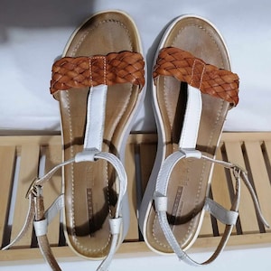 Vintage Vera Pelle 38 EU /US 7.5 /UK 5 Wedge Slides Italian real leather sandals , Mary Janes platform sandals Summer Strappy Open Toe Shoes