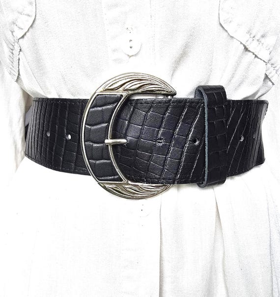 Vintage 90s Black Croco Embossed Genuine Leather Belt Boho  display picture 2