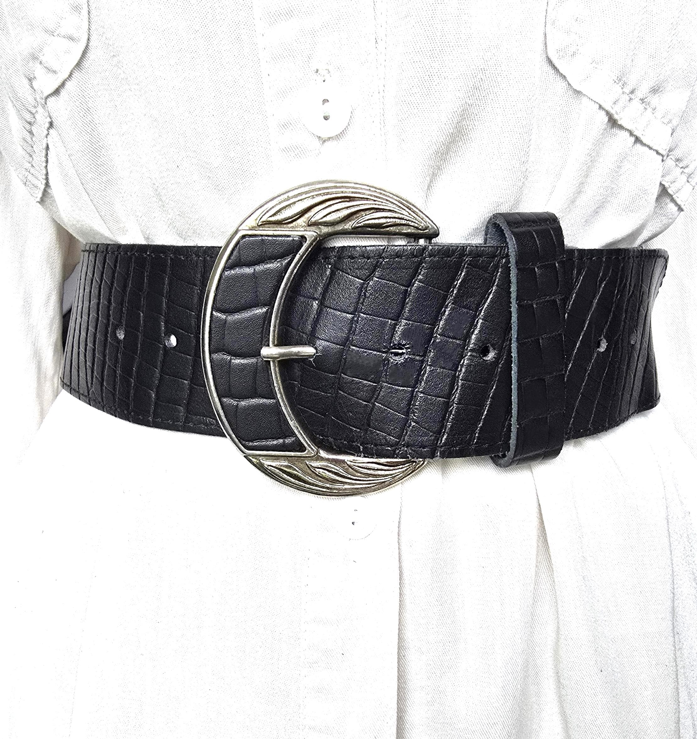 Vintage Black Leather Croc Embossed Western Belt Ornate Silver Buckle Size M Vintage Western Style Crocodile Embossed Leather Belt in  main image 4