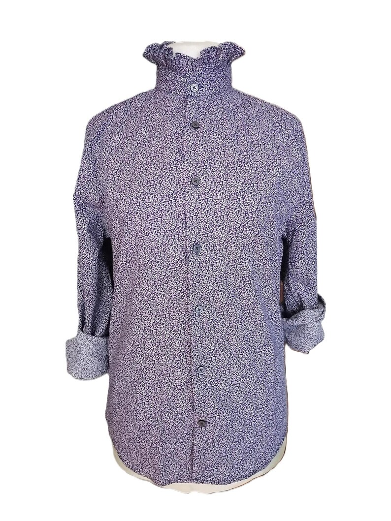 Vintage ruffle collar blouse, gray/purple striped button down blouse , Simple office outfit 80s style ,victorian collar top M-L image 8