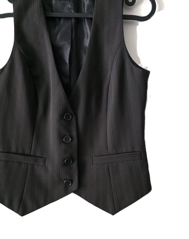 Vintage Y2K Style Brown Pinstripe Vest Women's Waistcoat Dark Academia Formal Office Style Business Attire Fitted Back Strap M, image 4