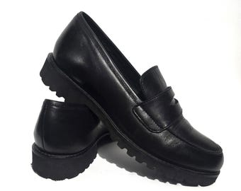 Mocasines vintage Penny de piel auténtica color negro, clásicos, talla UE 38 / Reino Unido 6,5 / EE. UU. 8,5, mocasines de plataforma baja con punta redonda.