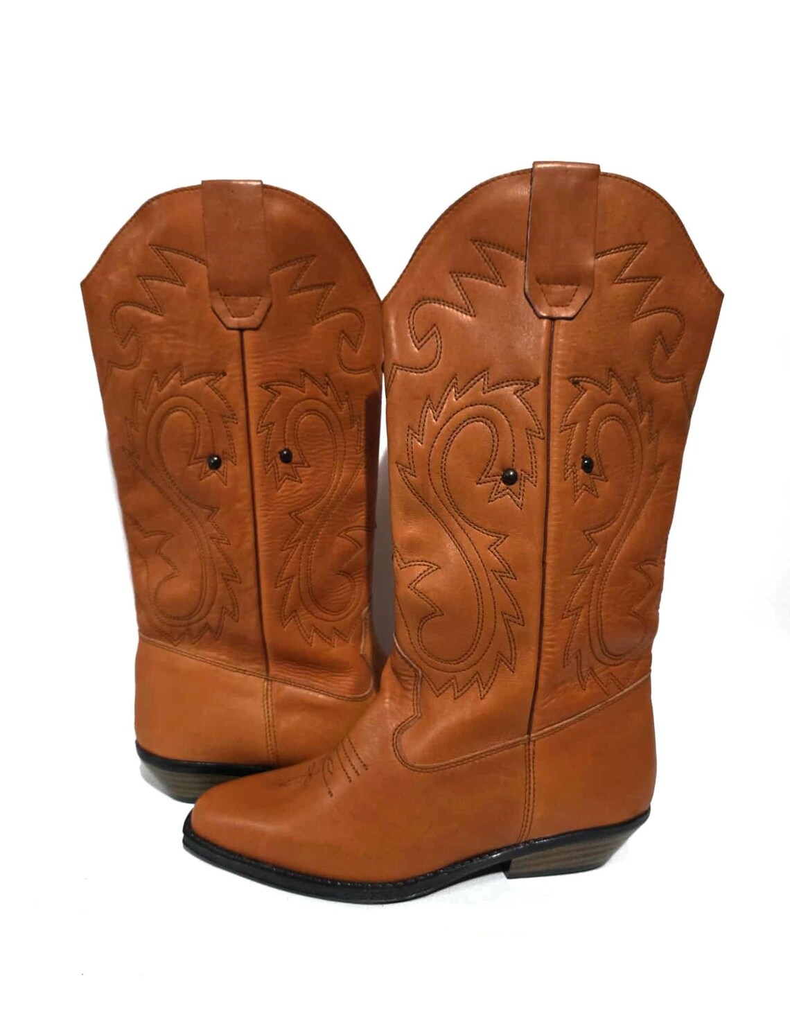 Vintage Cowboy Western Boots Brown Leather Riding boots EU 38 / US 7.5 / UK 6 Wide Mid Calf Cowgirl Boots New Never Worn ,, foto 1 di 5