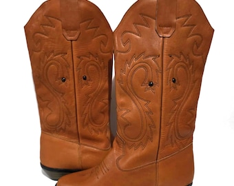Vintage Cowboy Western Boots Brown Leather Riding boots EU 38 / US 7.5 / UK 6 Wide Mid Calf Cowgirl Boots New Never Worn ,