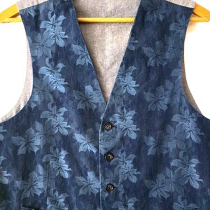 Vintage 90s Blue Fitted Waistcoat - Elegant Texture Flowers Woman's Vest - Formal Classic Office Sleeveless Jacket,
