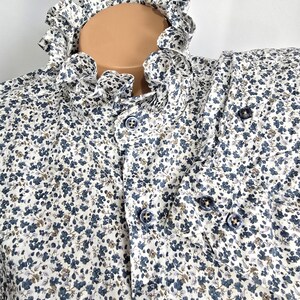 Ruffle collar blouse white blue print top navy blue print button down blouse victorian style top office outfit 80s style M White/blue floral