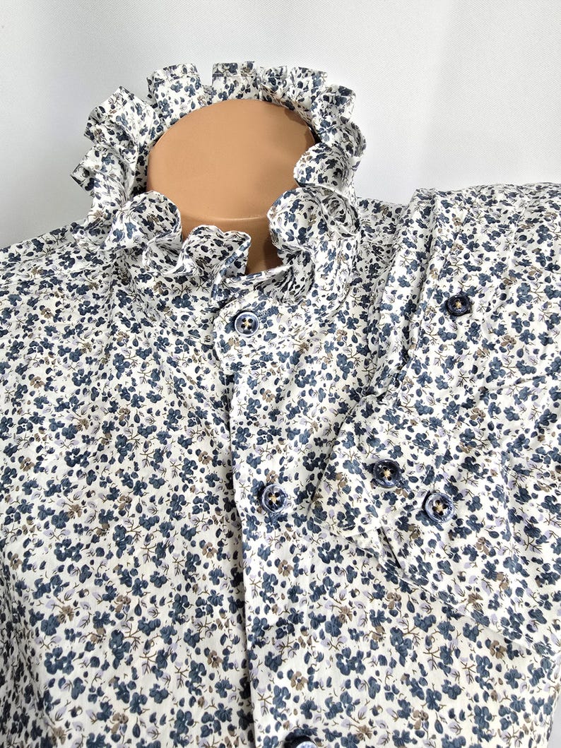 Ruffle collar blouse white blue print top navy blue print button down blouse victorian style top office outfit 80s style M White/blue floral