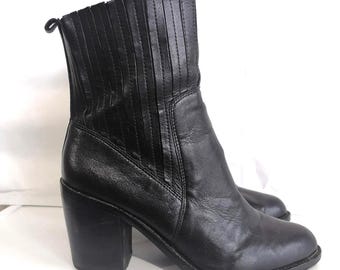 Oryginalne skórzane botki w stylu vintage, rozmiar 39, EU/US 7/UK 5,5, botki na klockowym obcasie, spiczaste noski, gumka w kostce,