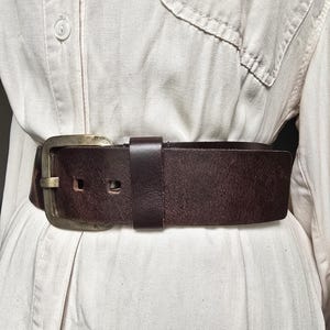 Vintage Chunky Brown Genuine Leather Belt - Unisex Jeans Belt - Square Matte Silver Buckle - Rugged Casual Accessory image 3
