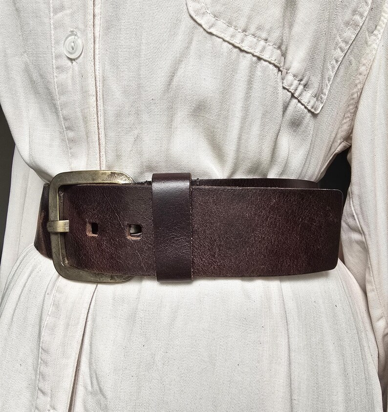Vintage Chunky Brown Genuine Leather Belt - Unisex Jeans Belt - Square Matte Silver Buckle - Rugged Casual Accessory image 3