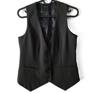 Vintage Y2K Style Brown Pinstripe Vest Women's Waistcoat Dark Academia Formal Office Style Business Attire Fitted Back Strap M, image 2