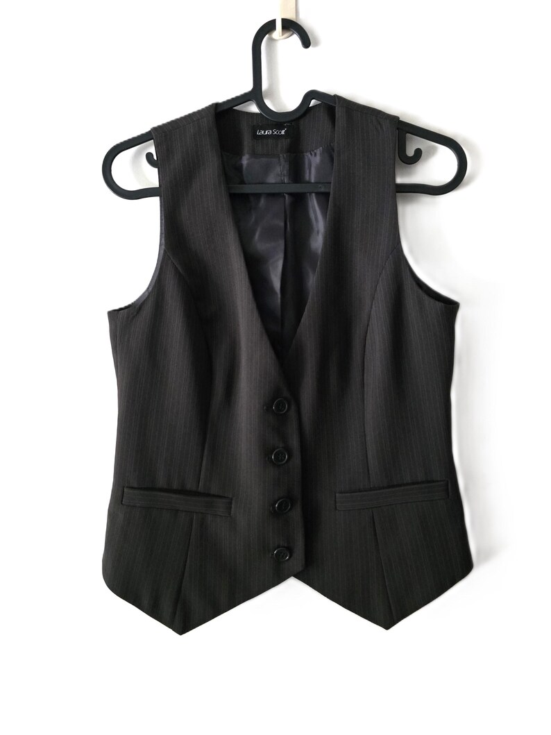 Vintage Y2K Style Brown Pinstripe Vest Women's Waistcoat Dark Academia Formal Office Style Business Attire Fitted Back Strap M, image 2