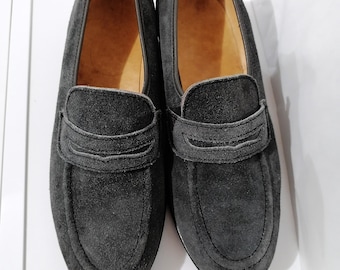 Mocassini Penny in pelle scamosciata grigia, tacco spesso e punta a mandorla, taglia EU 39/UK 6 /US 8.5, mocassini classici con tacco basso, scarpe slip-on,