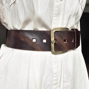 Vintage Chunky Brown Genuine Leather Belt - Unisex Jeans Belt - Square Matte Silver Buckle - Rugged Casual Accessory image 5