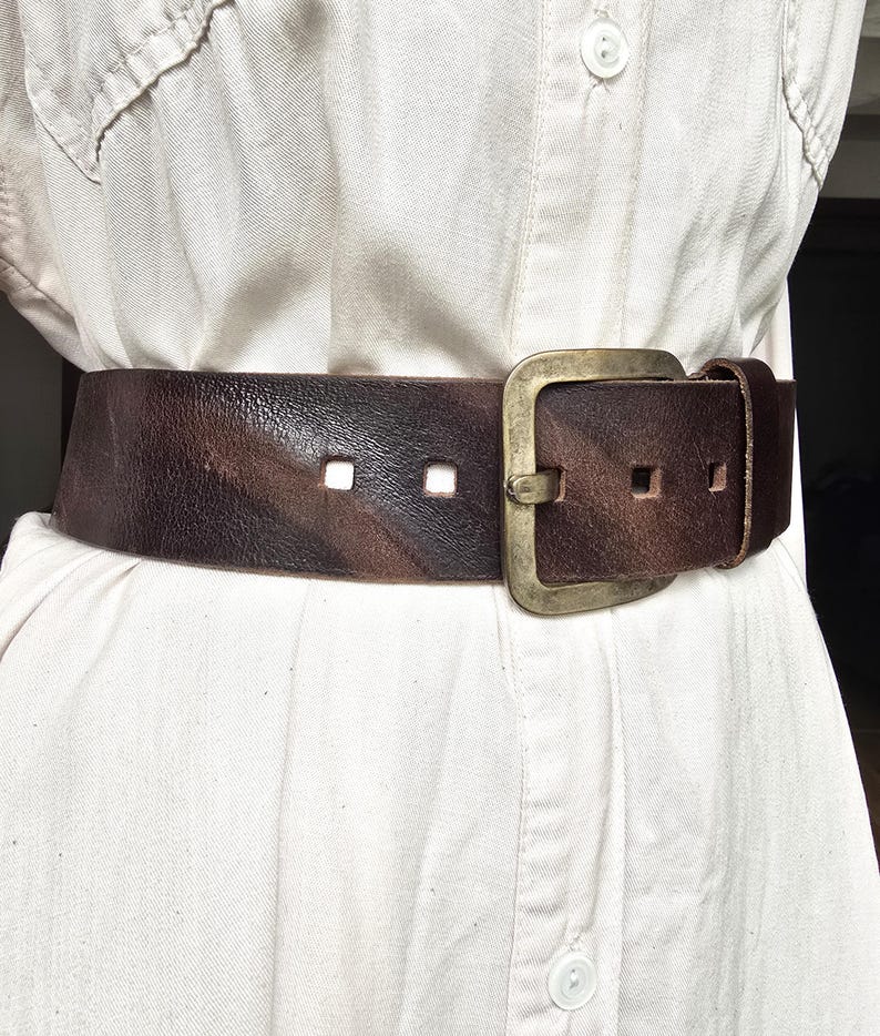 Vintage Chunky Brown Genuine Leather Belt - Unisex Jeans Belt - Square Matte Silver Buckle - Rugged Casual Accessory image 5