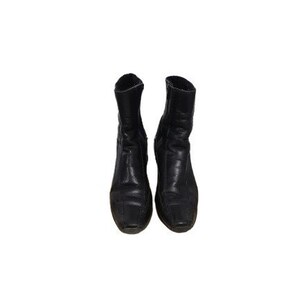 May include: A pair of black leather ankle boots with pointed toes.