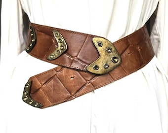 Vintage Jill Stuart Wide Brown Reptile Croc Embossed Leather 