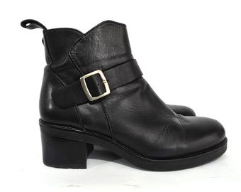 Vintage Black Leather Ankle Boots Strap Buckle Booties Elegant Low Chunky Heel Boots Size 38 EU 8.5 US