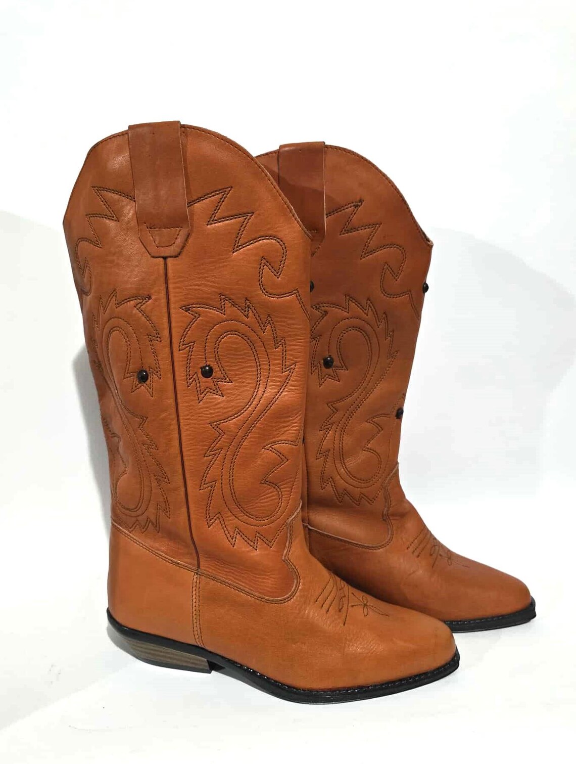 Vintage Cowboy Western Boots Brown Leather Riding boots EU 38 / US 7.5 / UK 6 Wide Mid Calf Cowgirl Boots New Never Worn ,, foto 2 di 5