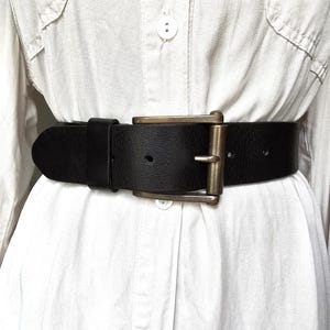 Vintage black classic leather belt, unisex belt for jeans , chunky brass buckle