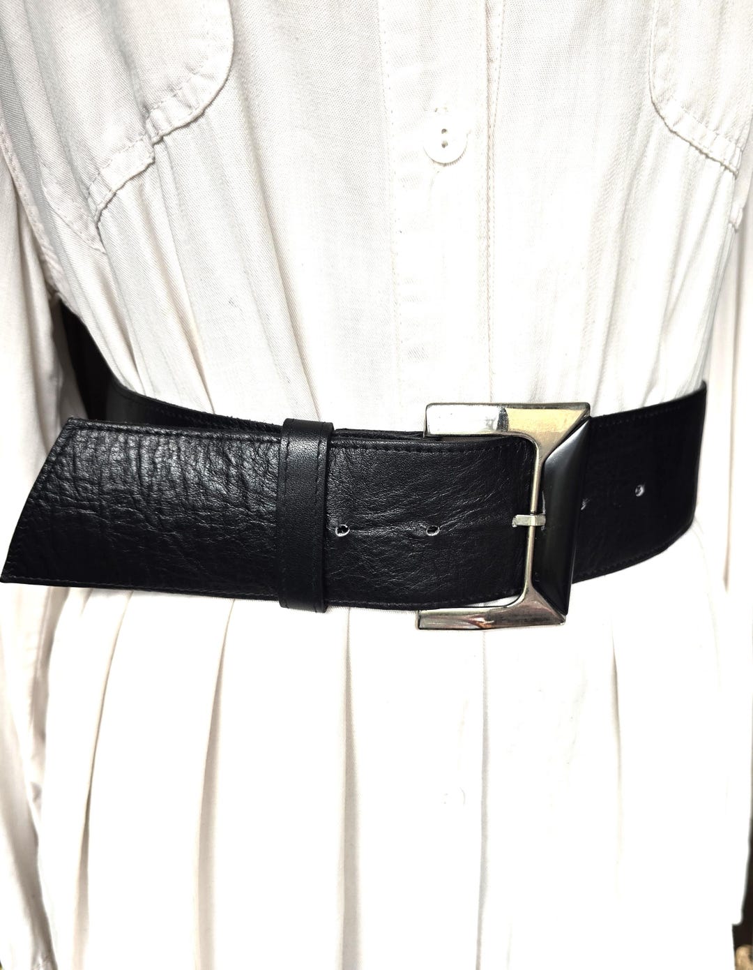 Vintage 80s Wide Black Eco Leather Belt Gothic Punk Waist 