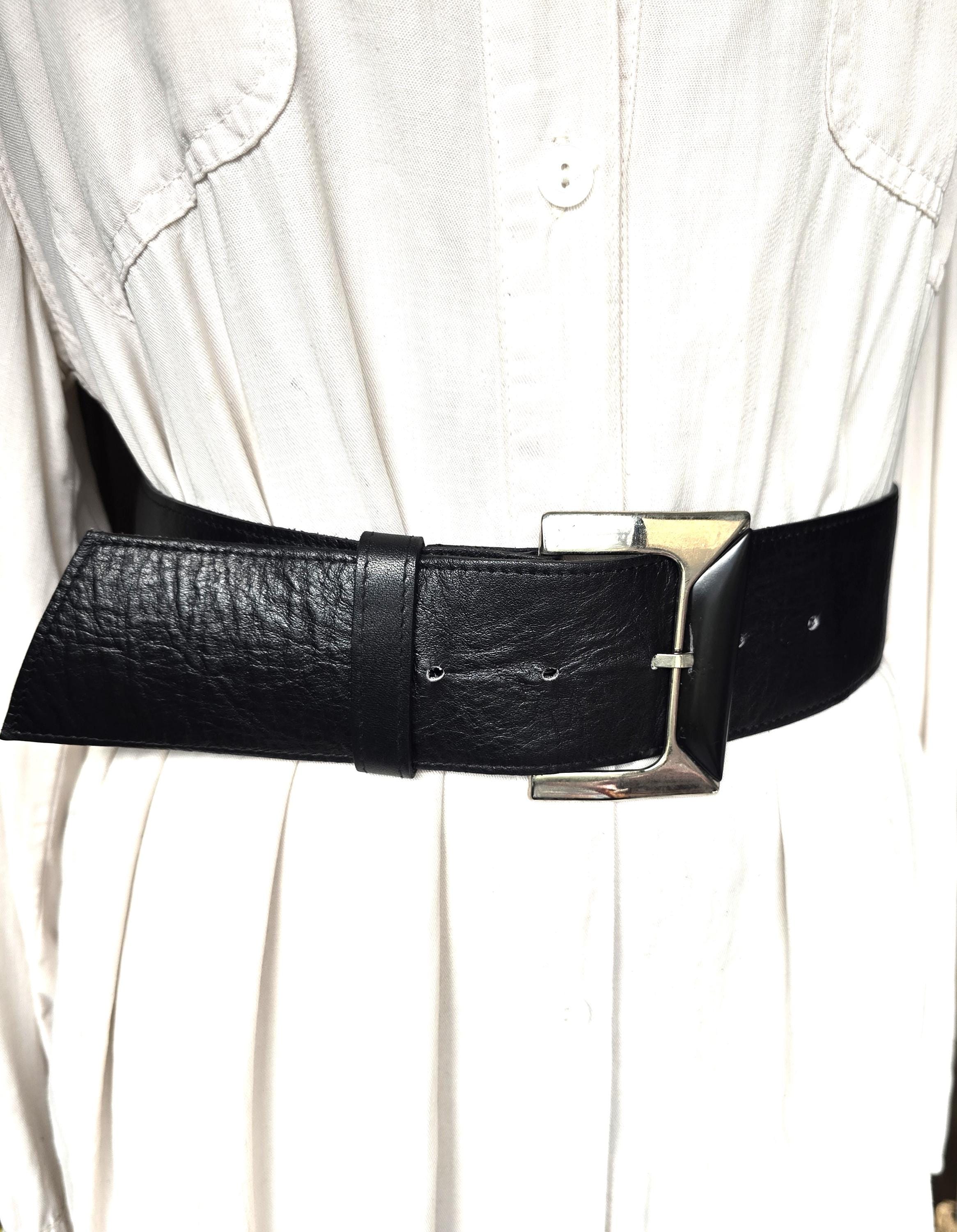 Vintage 80s Wide Black Eco Leather Belt Gothic Punk Waist  display picture 3
