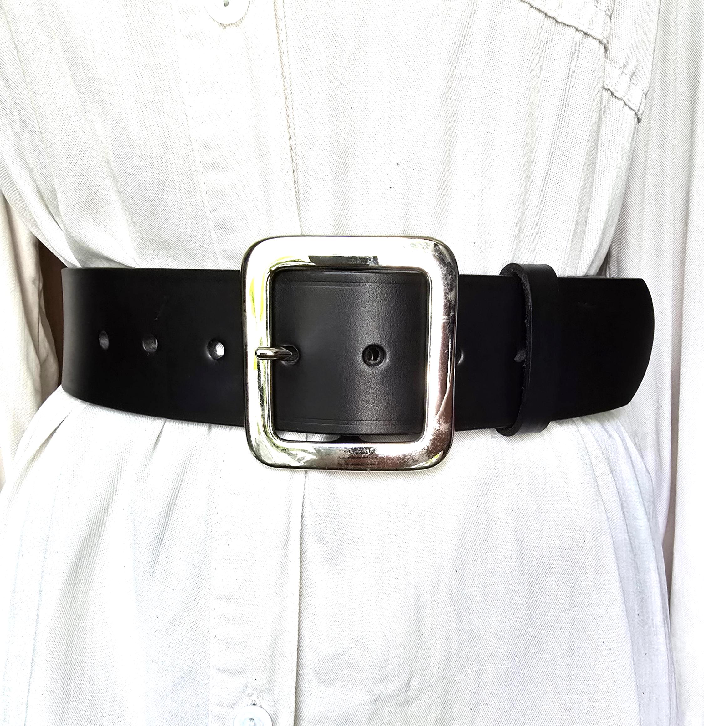 ブラックレザーベルト シルバーバックル ヴィンテージブラック本革ベルト、チャンキースクエアシルバーバックル