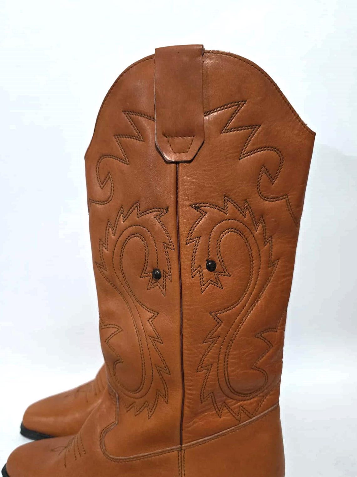Vintage Cowboy Western Boots Brown Leather Riding boots EU 38 / US 7.5 / UK 6 Wide Mid Calf Cowgirl Boots New Never Worn ,, foto 3 di 5