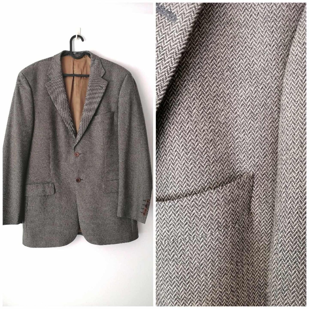 Vintage Grey Oversized Herringbone Long Wool Blazer