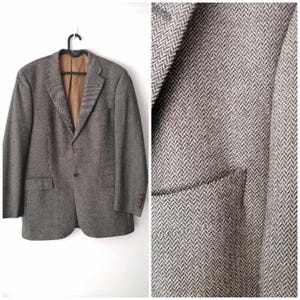 Vintage 90er Jahre Oversized Blazer Fischgrät, Grauer Boyfriend Blazer, Klassischer Herrenblazer mit 2 Knöpfen, Sakko, Wollblazer L-XXL