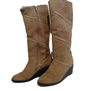 Vintage Brown Suede Leather Boots size EU 39 Cherokee Wedge Boots Faux Fur lining Hippie Boho Knee High Boots 70s style boots