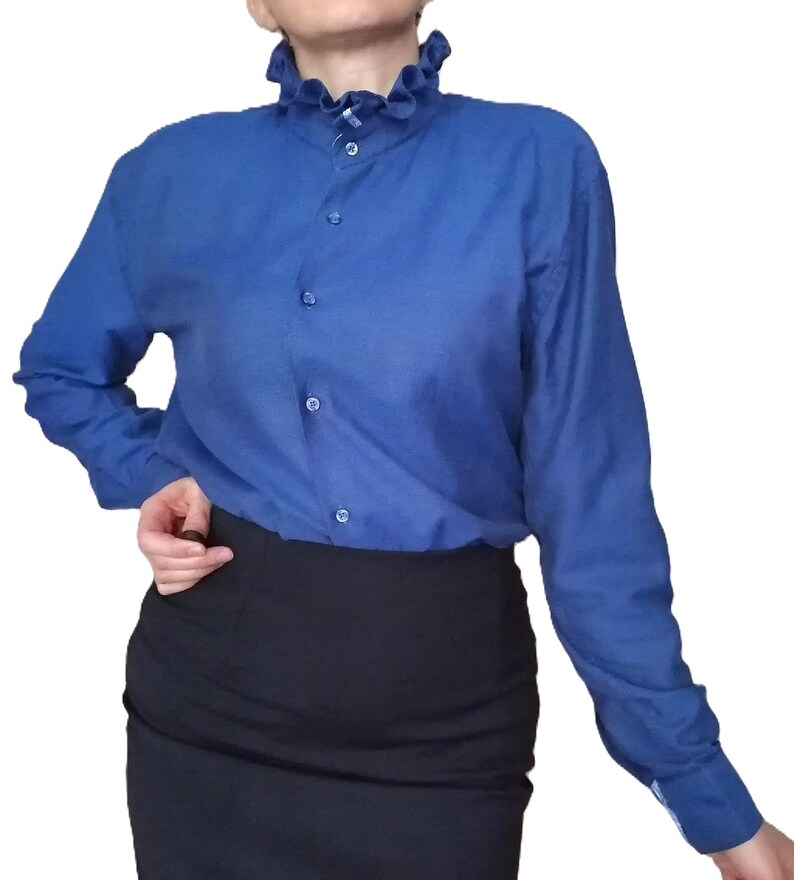 Vintage ruffle collar blouse, gray/purple striped button down blouse , Simple office outfit 80s style ,victorian collar top M-L image 3