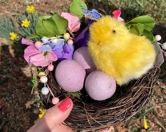 Easter Peep in Nest Arrangement Spring Decoration Fuzzy Chick and Eggs