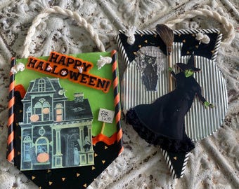 Bandeirinhas de Halloween em estilo vintage: Bruxa Malvada, Gato Uivando, Casa Assombrada. Feliz Halloween!
