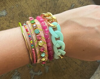 Juego de pulseras de 5 limas, verde lima, rosa, brazo, caramelo, bohemio, ostentoso, diamantes de imitación coloridos, hechos a mano, ropa de festival de verano, joyería de concierto, diversión