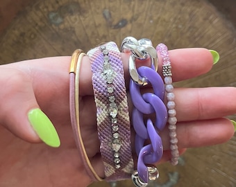 Juego de pulseras de 5 joyas Brazo Dulce Verano Adornarse Boho Bling Púrpura Plata Lavanda Hecho a mano Diversión