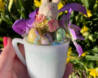Springtime in a Cup Bunny Peep Vintage Toy Cup Milk Glass Eggs Flowers Spring Decor Easter Decor Cheerful