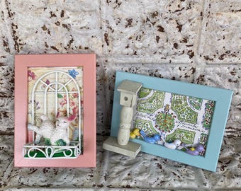 Ventanas de arte primaveral Cordero rosa Enrejado Caja de ventana Pájaros azules Casa para pájaros Decoración floral de pared Collage Técnica mixta Tú eliges