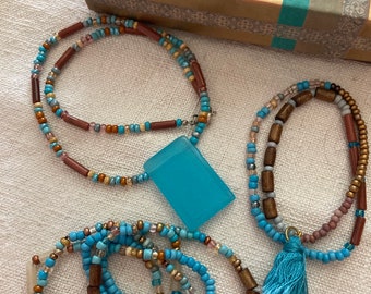 Jewelry Set of Three Aqua Brown Beaded Tassel Layered Necklaces Double Bracelet Handmade Bohemian Bling by Bittersweet Design Studio