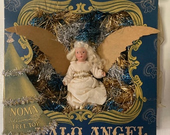 Christmas Angel Halo Tree Topper Christmas Decor 3D Collage Assemblage Blue Gold Tinsel Velvet Dresden Crown NOMA Illuminated Tree Top