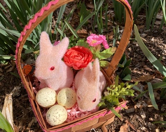 Easter Basket Perfectly Pink Pair Flocked Velveteen Rabbit Vintage Arrangement Spring Decoration