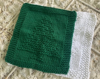 Paños de cocina tejidos a mano 100% algodón Navidad Verde oscuro Árbol de Navidad Invierno Blanco Copo de nieve Hecho a mano