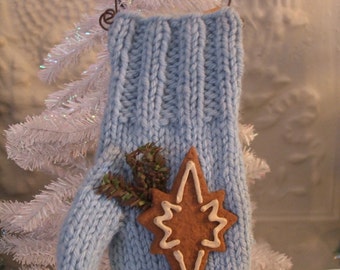 Ornament Mitten Pale Blue Hand Knit Christmas Winter Decoration