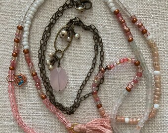 Jewelry Summer Fun Set Beaded Tassel Layered Necklaces Pink Copper Pearls Antique Brass Handmade Bohemian Bling by Bittersweet Design Studio