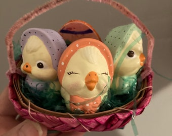 Spring Basket Easter Basket Vintage Peeps Chicks Three Sisters Vintage Hand Painted Handmade Egg